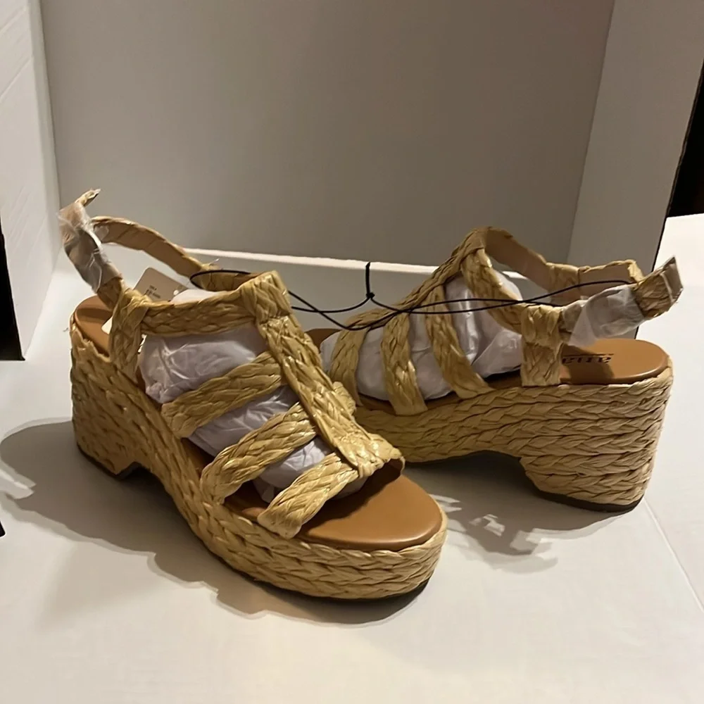 NWT-ANA-9.5-Merlin natural wedge-braided Raffia, straps, buckle, platform shoe.